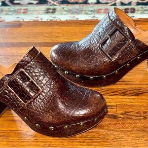 UGG Dark Brown Leather Mules with Buckle